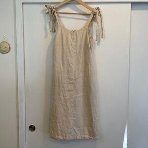 NAU Linen Blend Tie Strap Midi Dress, Neutral Beige Pockets, Size XS